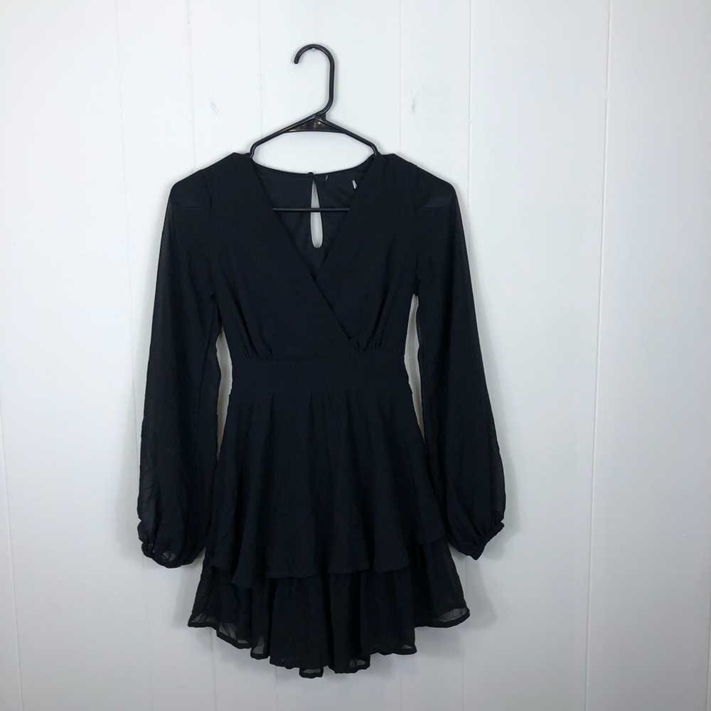 Woman’s V-Neck Long Sleeve Ruffled Mini Dress Sz XS